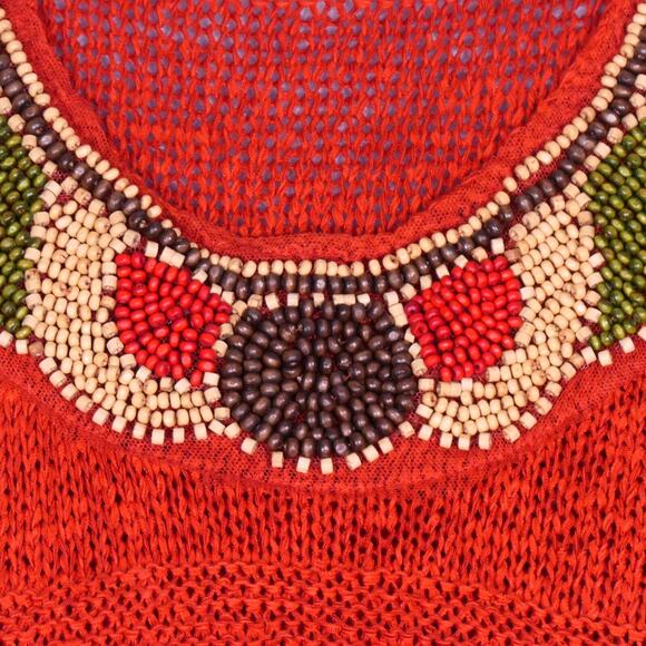 Vintage Crocheted Tunic Tank Sweater Womens 2X Burnt Orange Beaded Fringe Boho - Picture 4 of 11